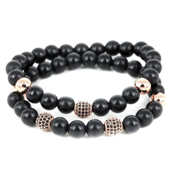 Modalooks-18K-Rose-Gold-Plated-CZ-Diamond-Ball-8mm-Blac-Matte-Agate-Onyx-Beads-Bracelet-Stack