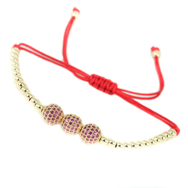 18K-Gold-Plated-Red-Waxed-Cord-4mm-Balls-CZ-Diamonds-Macrame-Bracelet-3balls