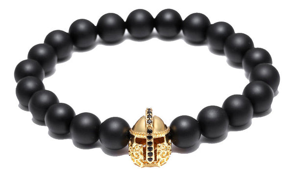 Modalooks 18K-Gold-Spartan-Gladiator-Helmet-Black-Matte-Beads-Bracelet-Front-View