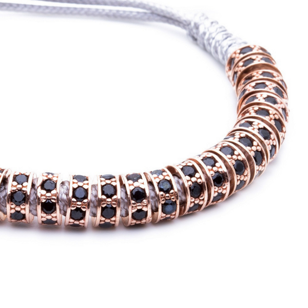 Modalooks 18K Rose Gold Black Diamonds Stoppers Macrame Bracelet - Grey Close Up