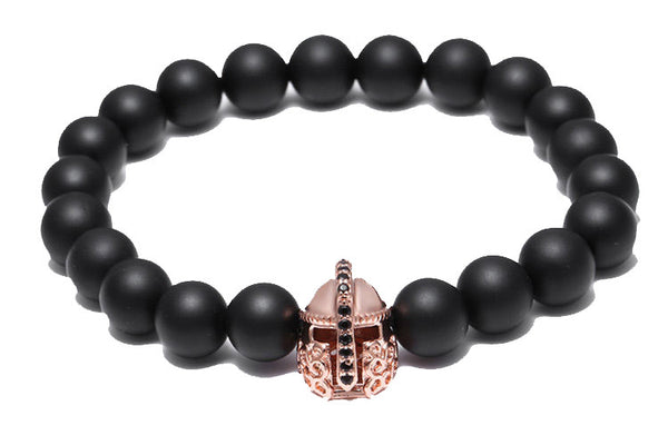 Modalooks-18K-Rose-Gold-Spartan-Gladiator-Helmet-Black-Matte-Beads-Bracelet-Front-View