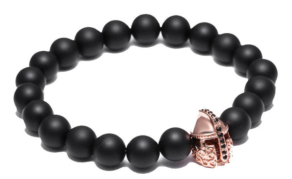 Modalooks-18K-Rose-Gold-Spartan-Gladiator-Helmet-Black-Matte-Beads-Bracelet-Side-View