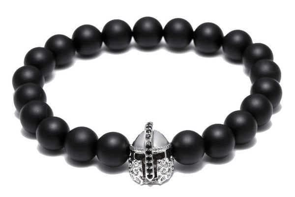 Modalooks-18K-White-Gold-Spartan-Gladiator-Helmet-Black-Matte-Beads-Bracelet-Front-View