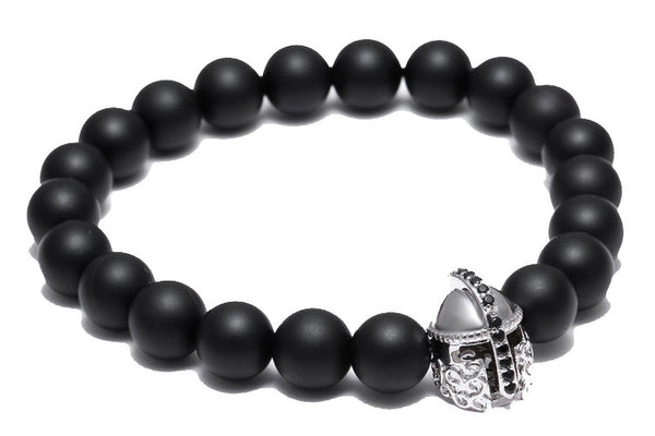 Modalooks-18K-White-Gold-Spartan-Gladiator-Helmet-Black-Matte-Beads-Bracelet-Side-View