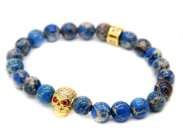 Modalooks-18K-Gold-Skull-CZ-Blue-Sediment-Beads-Bracelet-Side-View