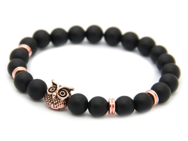 Modalooks Rose-Gold-Owl-Black-Matte-Agate-Onyx-Beads-Bracelet