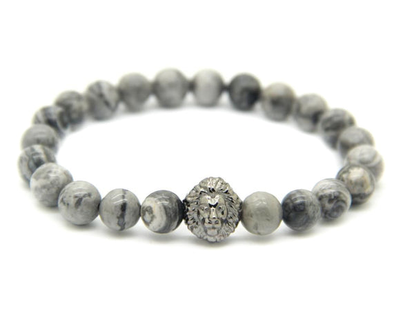 Modalooks-Ruthenium-Plated-Lion-Head-Grey-Jasper-Beads-Bracelet